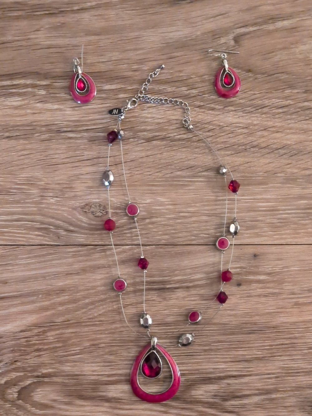 Silver-Tone Red Teardrop Pendant Necklace with Matching Earrings
